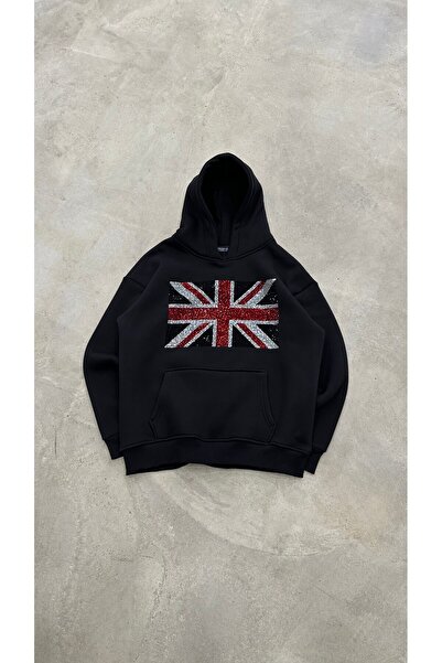 Genel Markalar Taş Baskılı Bayrak Desenli Kapüşonlu Oversize Sweatshirt