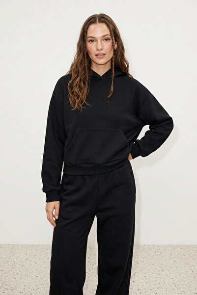 Runades Kadın Pamuklu Kapüşonlu Cepli Oversize Sweatshirt Eşofman Takımı