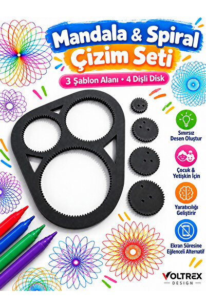 voltrex design Spirograf Mandala & Spiral Çizim Seti – 3 Şablon Alanlı 4 Dişl...