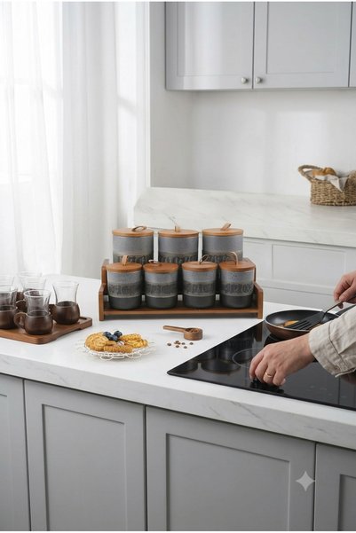 Generic طقم علب توابل وسكر وقهوة مع ستاند خشبي – 7 علب سيراميك بسعات 900 مل ل...