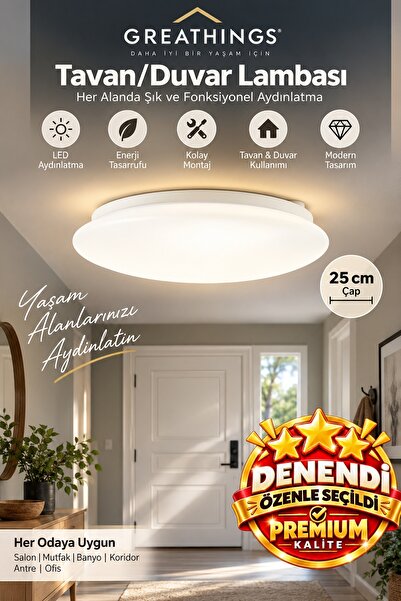 Greathings Beyaz 25 cm LED Tavan Duvar Lambası 9,5 W 900 Lümen 2700K IP44 Ban...