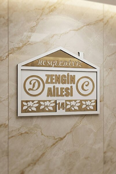 Kişiye Özel Çiçek Desenli Kapı İsimliği 20x25 cm Beyaz Mdf&Altın Pleksi