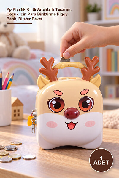 Yenilig 1 Piece Cute Deer Piggy Bank – Pp Plastic Lockable Design with Key, M...