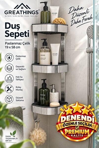 Greathings 19x58 cm Paslanmaz Çelik 3 Katlı Köşe Duş Sepeti Banyo Rafı Kancalı