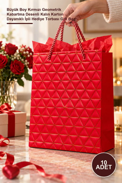 Yenilig 10 Pieces of Cardboard Gift Bags – Large Size Red Geometric Embossed ...