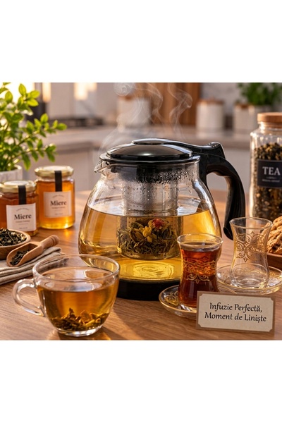 Paşabahçe Set ceai turcesc, Ceainic din Sticlă 900 ml, 6 pahare ceai turcesc, 6 farfurioare și 6 lingurite