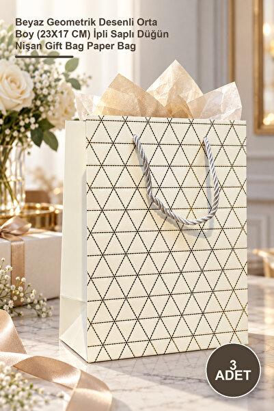 Yenilig 3 pungi cadou din carton - model geometric alb, dimensiune medie (23X...