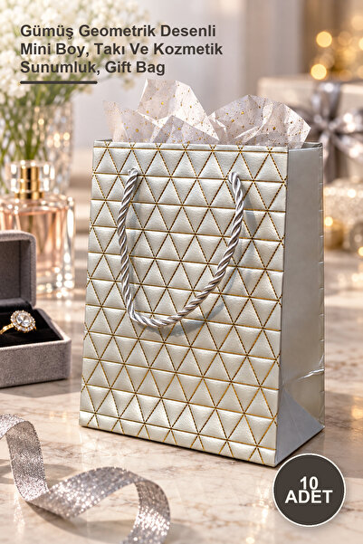 Yenilig 10 Pieces of Cardboard Gift Bags – Mini Size with Silver Geometric Pa...