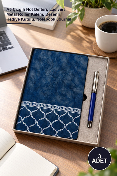 Yenilig 3-Piece Blue Thermo Leather Notebook and Metal Roller Pen Set – A5 Li...
