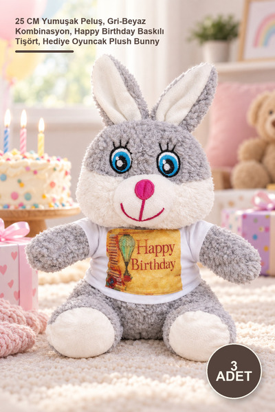 Yenilig 3Pcs Cute Plush Rabbit with Birthday T-Shirt – 25 cm Soft Plush, Grey...