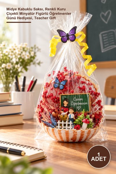 Yenilig 1 Adet Mini Midye Teraryum – Midye Kabuklu Saksı, Renkli Kuru Çiçekli...