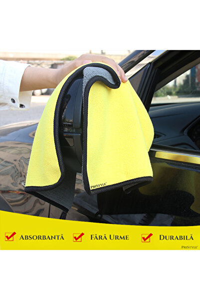 PriStyle Laveta Auto, Pentru uscarea masinii dupa Spalare, Prosop Microfibra Absorbant 60x40, Reutilizabil 200 Spalari, Galben/Negru, PriStyle®