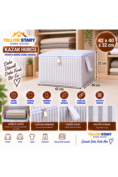 YELLOW STARY HOME DECOR 42x40x32 cm – Çizgili Kıyafet Saklama ve Dolap Düzenleyici Hurç