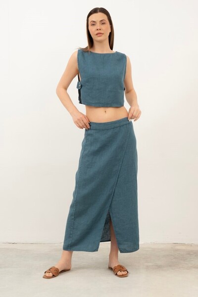 İpekçi Otantik Linen Slit Skirt with Side Buttons Petrol
