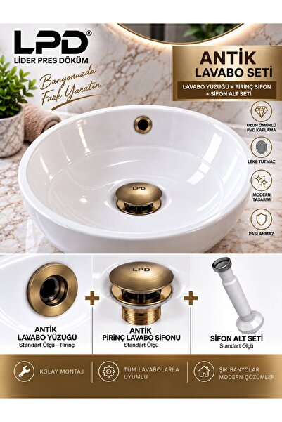LPD LİDER ANTİK LAVABO GİDERİ BASMALI - ANTİK LAVABO SÜZGECİ STOPLU - PRİNÇ M...