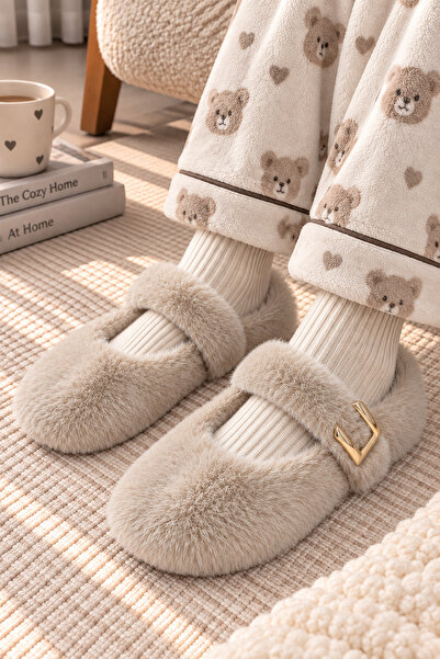 EBRUTESETTÜR Banded Plush House Slippers Beige