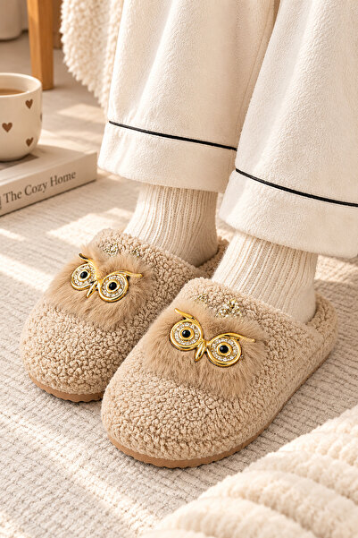 EBRUTESETTÜR Plush House Slippers with Owl Figure Beige