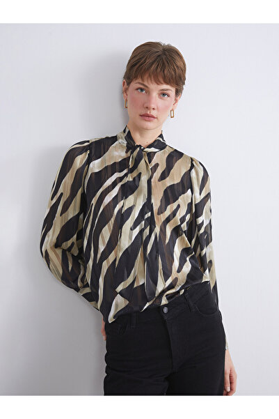 LC Waikiki Shawl Collar Patterned Ruched Chiffon Blouse