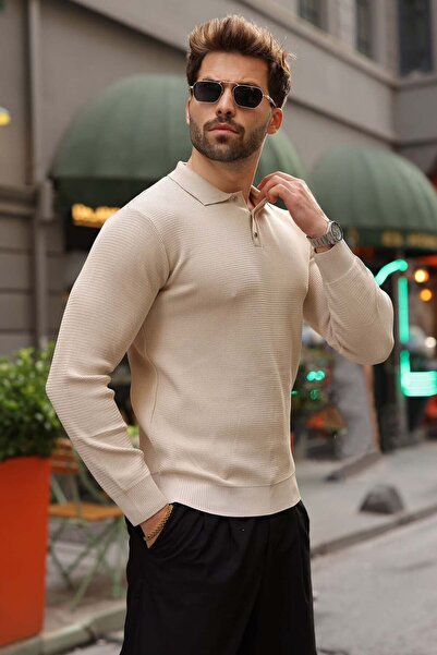 Madmext Stone Color Snap Closure Polo Collar Men's Knitwear Sweater E7514