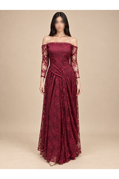 Rose Burgundy Off Shoulder Evening Dress with Luxurious Lace