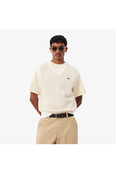 Lacoste Erkek Classic Fit V Yaka Krem Süveter