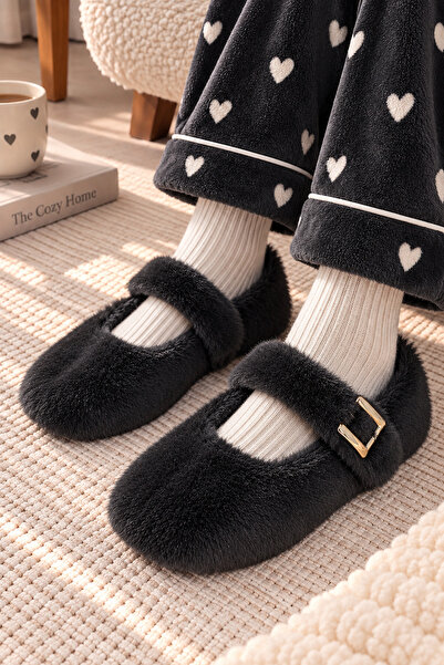EBRUTESETTÜR Banded Plush House Slippers Black
