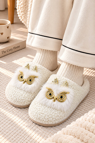 EBRUTESETTÜR Plush House Slippers with Owl Figure, Ecru