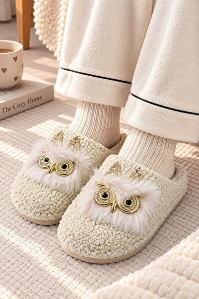 EBRUTESETTÜR Plush House Slippers with Owl Figure Mink