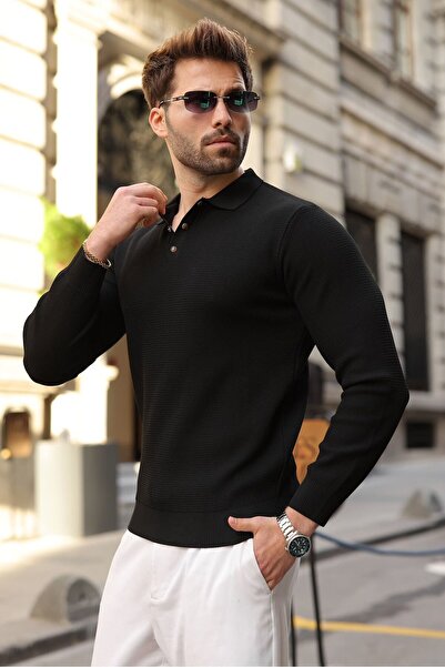 Madmext Black Snap Closure Polo Collar Men's Knit Sweater E7514