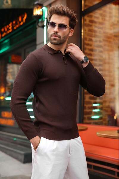 Madmext Brown Snap Closure Polo Collar Men's Knit Sweater E7514