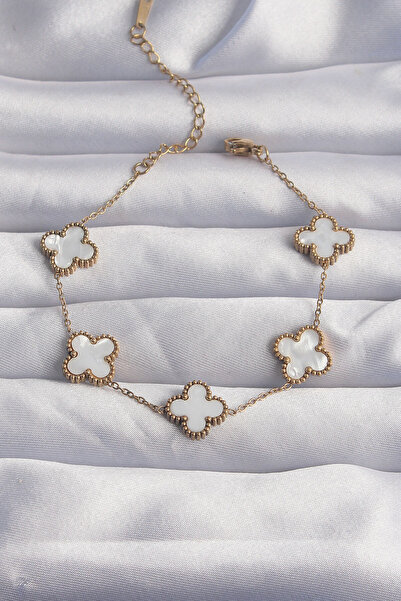 Skygo 316L Steel Gold Color White Pearlescent Clover Bracelet Tj-Bb6262