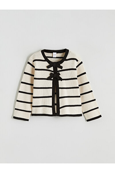 LC Waikiki Striped Girls Cardigan with Bow Detail