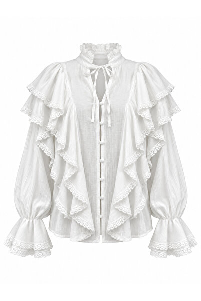 Retrobird Odette Flounce Lace Detailed Tie-Up Shirt Women White