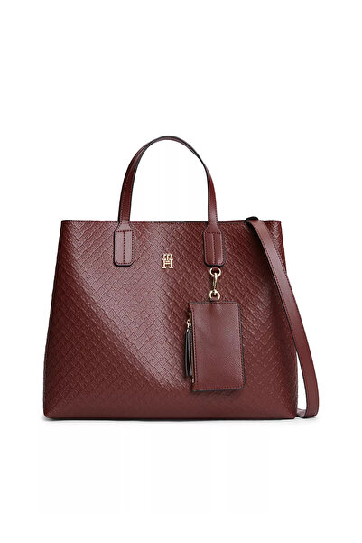 Tommy Hilfiger Women's Embossed Logo Patterned Burgundy Shoulder Bag with Rem...