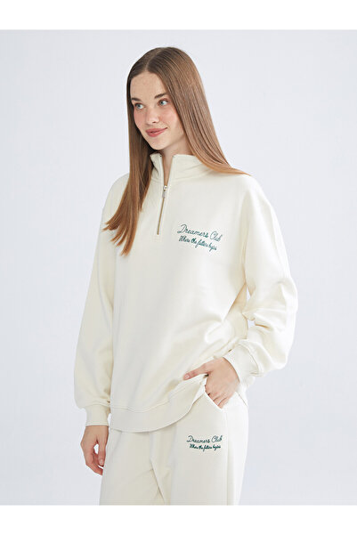 LC Waikiki Funnel Neck Embroidered Oversize Women's Thick Sweatshirt