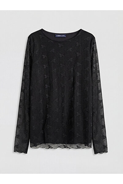 LC Waikiki Blouse with Tulle Sleeves, Long-Sleeve Crew Neck Blouse