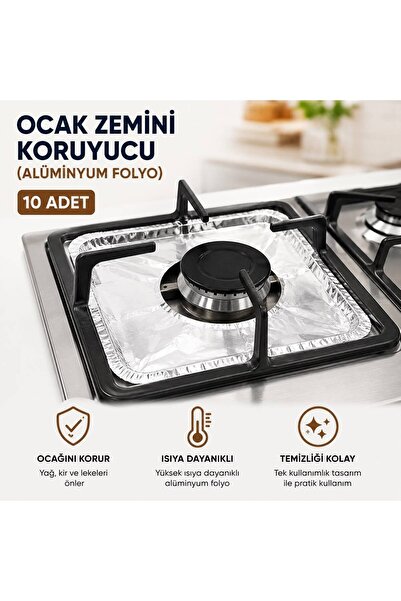 Alüminyum Folyo Ocak Zemini Koruyucu 10 Adet - Tek Kullanımlık Yağ Önleyici 20,5x20,5 cm