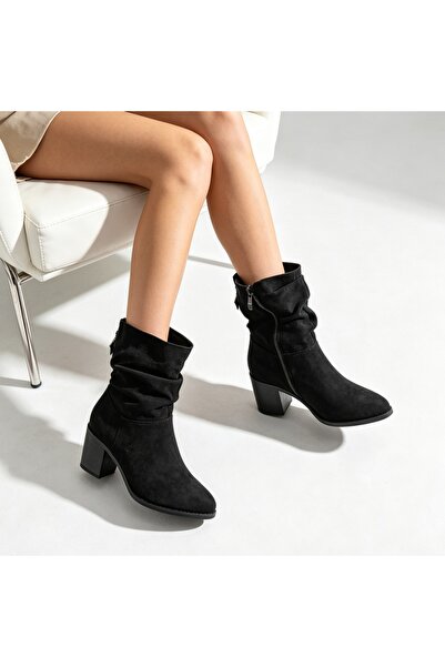 Tmall Botine de damă cu aspect de piele întoarsă și toc gros, BD1022, Negru