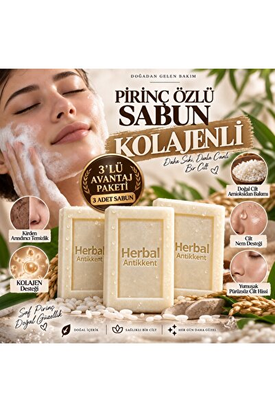 Herbal antikkent Kolajenli Pirinç Özlü Doğal Sabun 3'lü Avantaj Paketi (3 x 1...