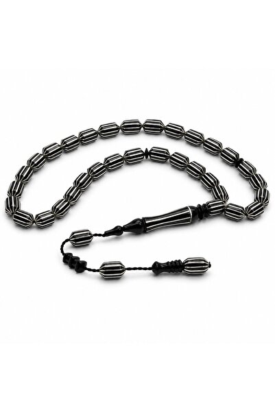 BlackCraft Shaved Silver Engraved 12-Piece Oltu Stone Prayer Beads