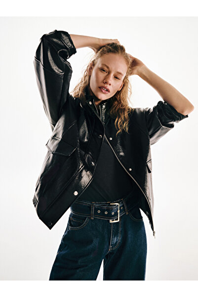 LC Waikiki Stand Collar Oversized Women's Faux Leather Jacket