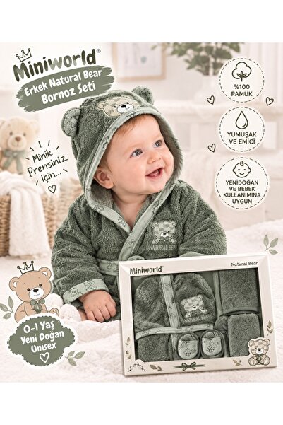 Miniworld 5 Parça %100 Natural Desenli Emici Havlu Kumaş Bebek Bornoz Banyo S...