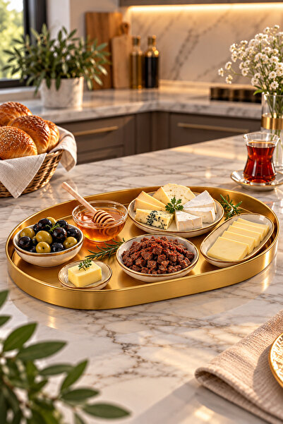 Mim Life Oval Gold Metal Sunum Tepsisi – Altın Renk Servis Tepsisi, Kahvaltı Çay Kahve İkram ve Dekoratif Sunum Tepsisi