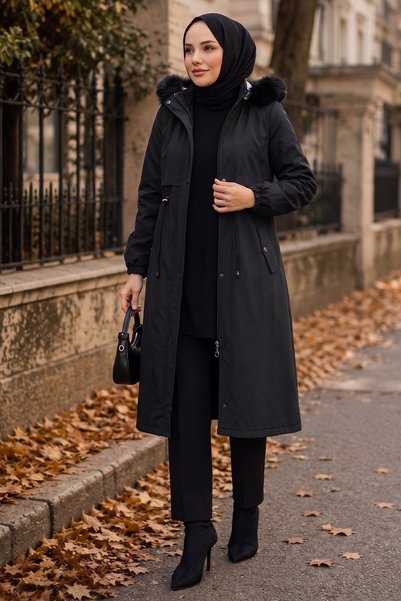 HNT Hayrunnisa Tesettür Removable Hooded Allerli Plush Bondit Coat Black Hnt2804