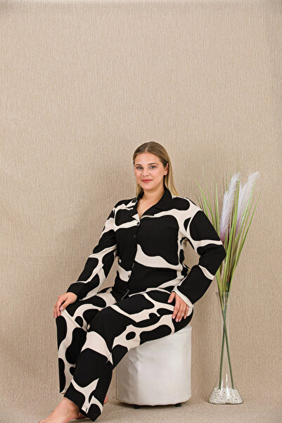 GeeS Global Plus Size White Patterned Buttoned Long Sleeve Viscose Pajama Set...