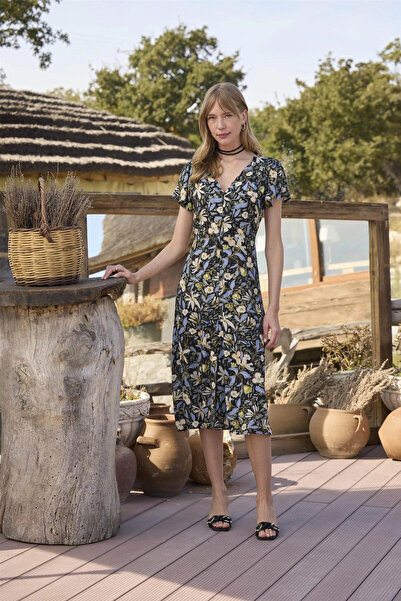 GeeS Global %Viscose Floral and Leaf Patterned Buttoned Front Dress - Klbn29126