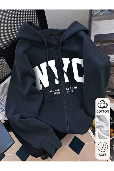 MITHRAS OUTDOORS Unisex Lacivert Büyük NYC Baskılı Fermuarlı Sweatshirt Baskı...