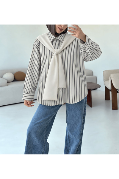 Hepsi Moda Şal Bağlamalı Çizgili Gömlek - Siyah & Beyaz