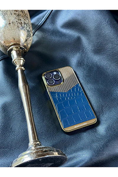 MHIRAJE Altın Kaplama ve Lacivert Timsah Derisi iPhone 18 Pro Max Kılıf