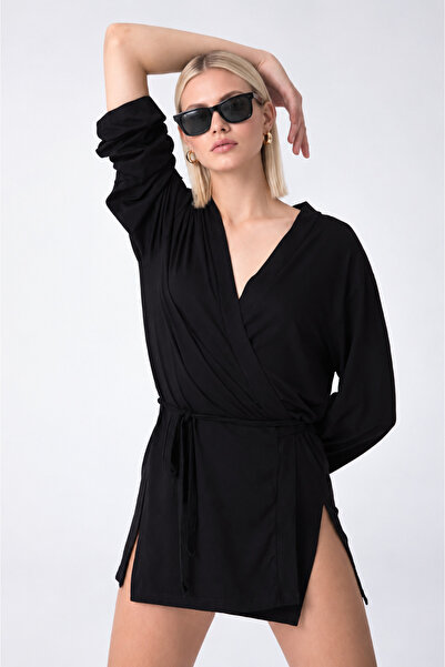 CloudyMood Kimono ultra moale cu curea neagră pentru femei